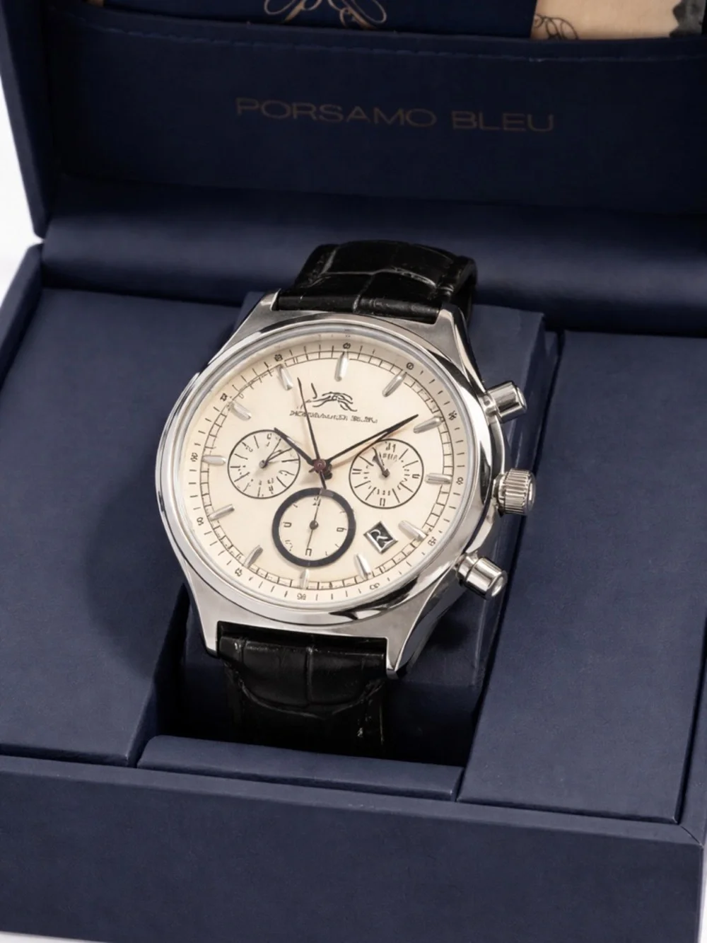 Porsamo Bleu Cream Dial Chronograph with Black Leather Strap